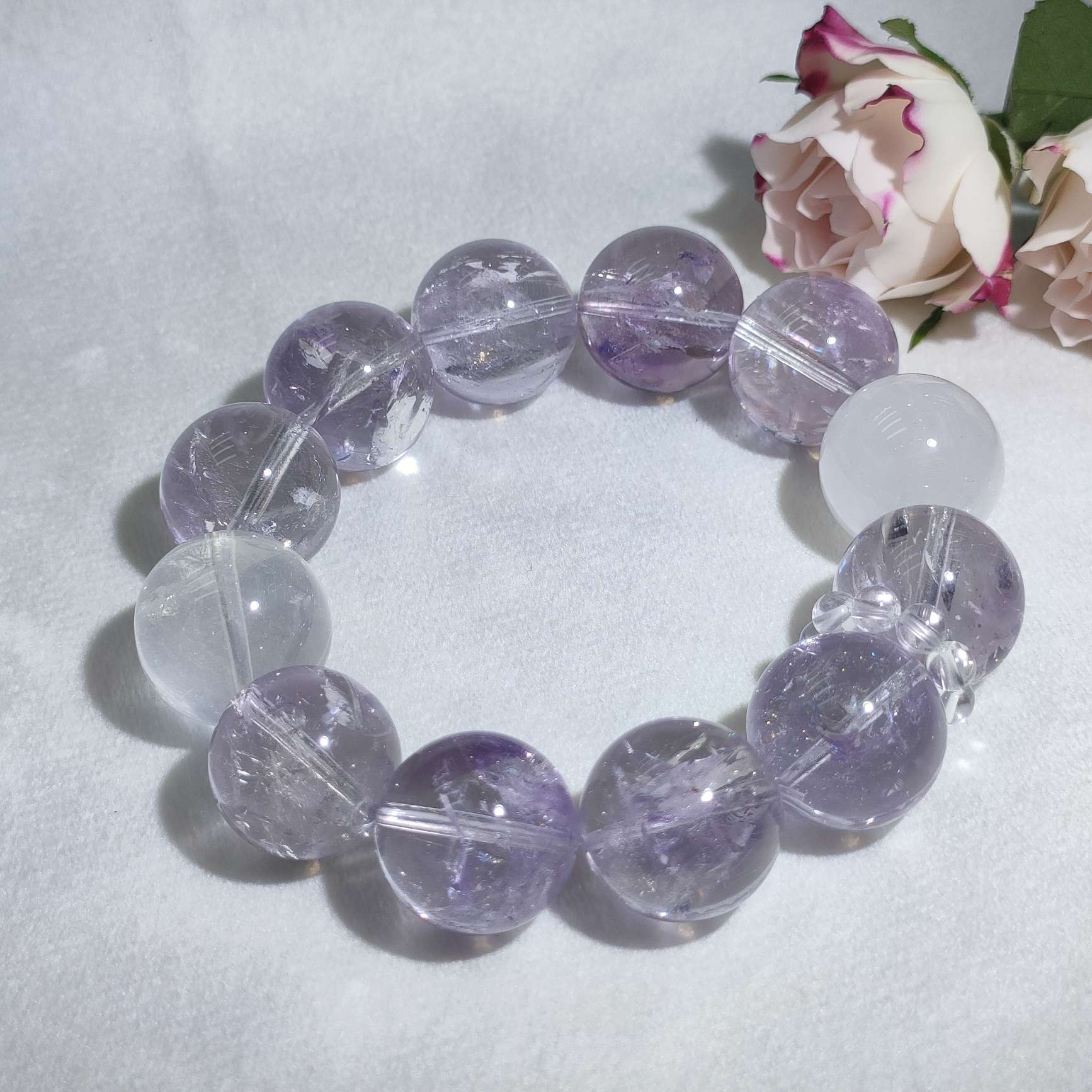 薰衣草紫水晶白幽灵天然水晶22mm水晶手串
