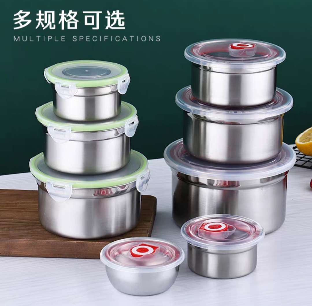 Round 304 stainless steel food-grade fresh-keeping box, refrigerator, fruit and food storage bowl, covered bento box, takeout lunch box, multiple specifications, tight seal, no cross-contamination of flavors, exhaust valve for longer preservation, covered design for convenient storage, insulated pot details Picture