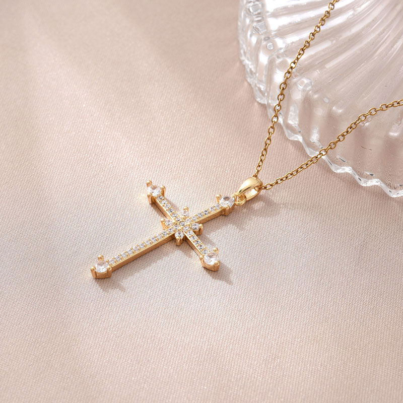欧美跨境热卖外贸新款铜镀真金十字架项链饰品简约吊坠东南亚潮流百搭镶锆石详情2