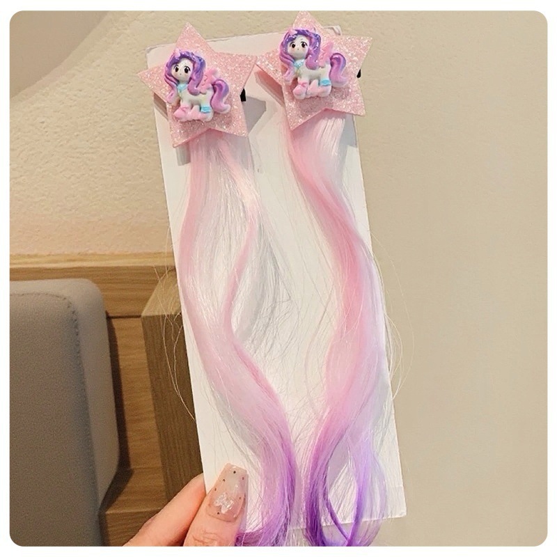 Children's little Pony gradient wig, braided hair clip, girl side clip hair accessory, cute headwear for girls and babies details Picture