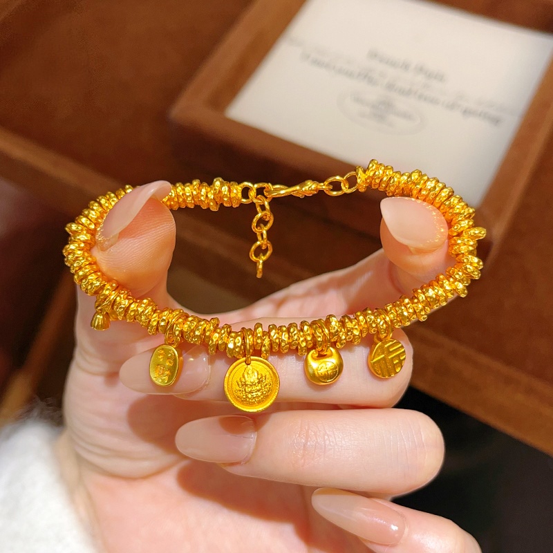 新中式国风沙金胖福黄财神两世欢盘缠手链福字金坨坨手串女送礼物沙金铜