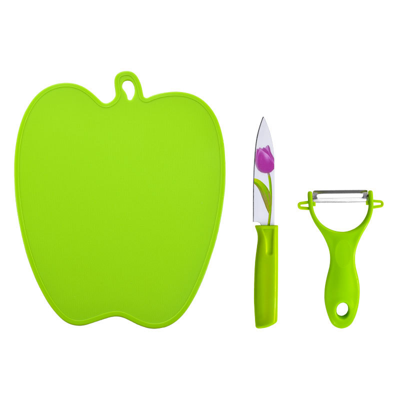 苹果菜板水果刀三件套家用厨房工具便捷厨房不锈钢水果刀白底实物图