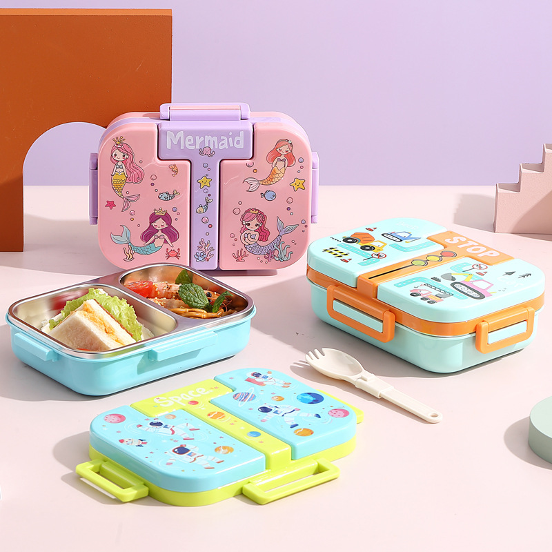 Children's fun plastic lunch box, independent compartments, sealed picnic box, microwave oven-heated student lunch box, with folding spoon lunch box