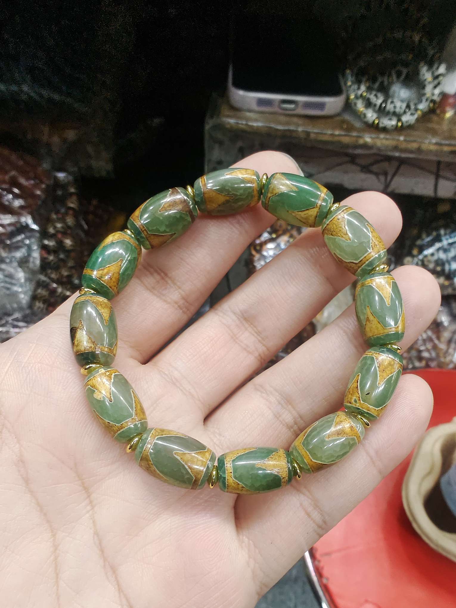 玛瑙天珠手链 正绿 翠绿 单虎牙天珠 手链