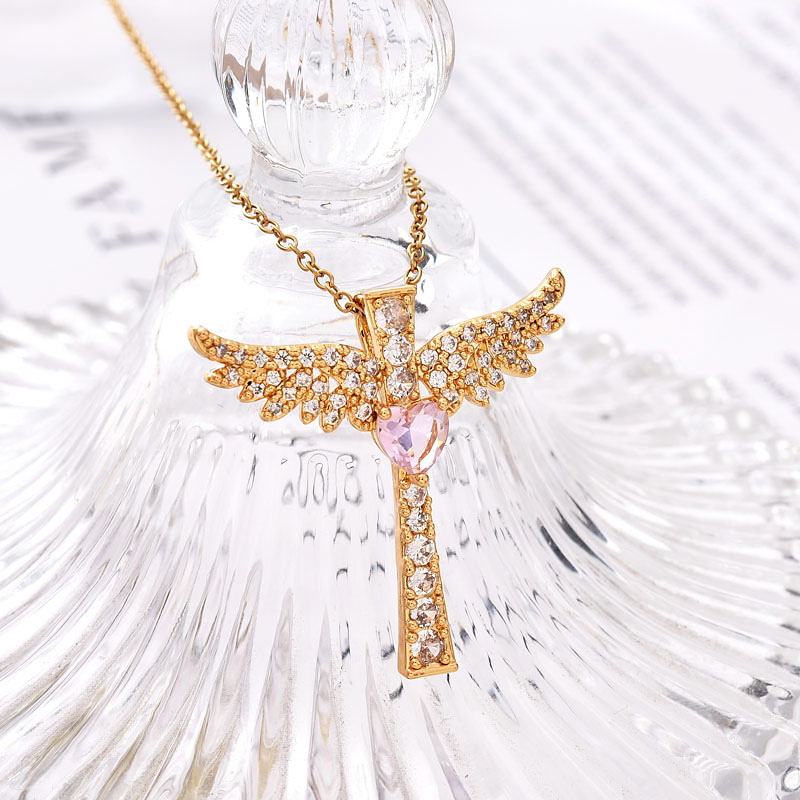 欧美吊坠爆款铜镀真金十字架项链天使之翼简约吊坠东南亚潮流百搭镶锆石详情图2