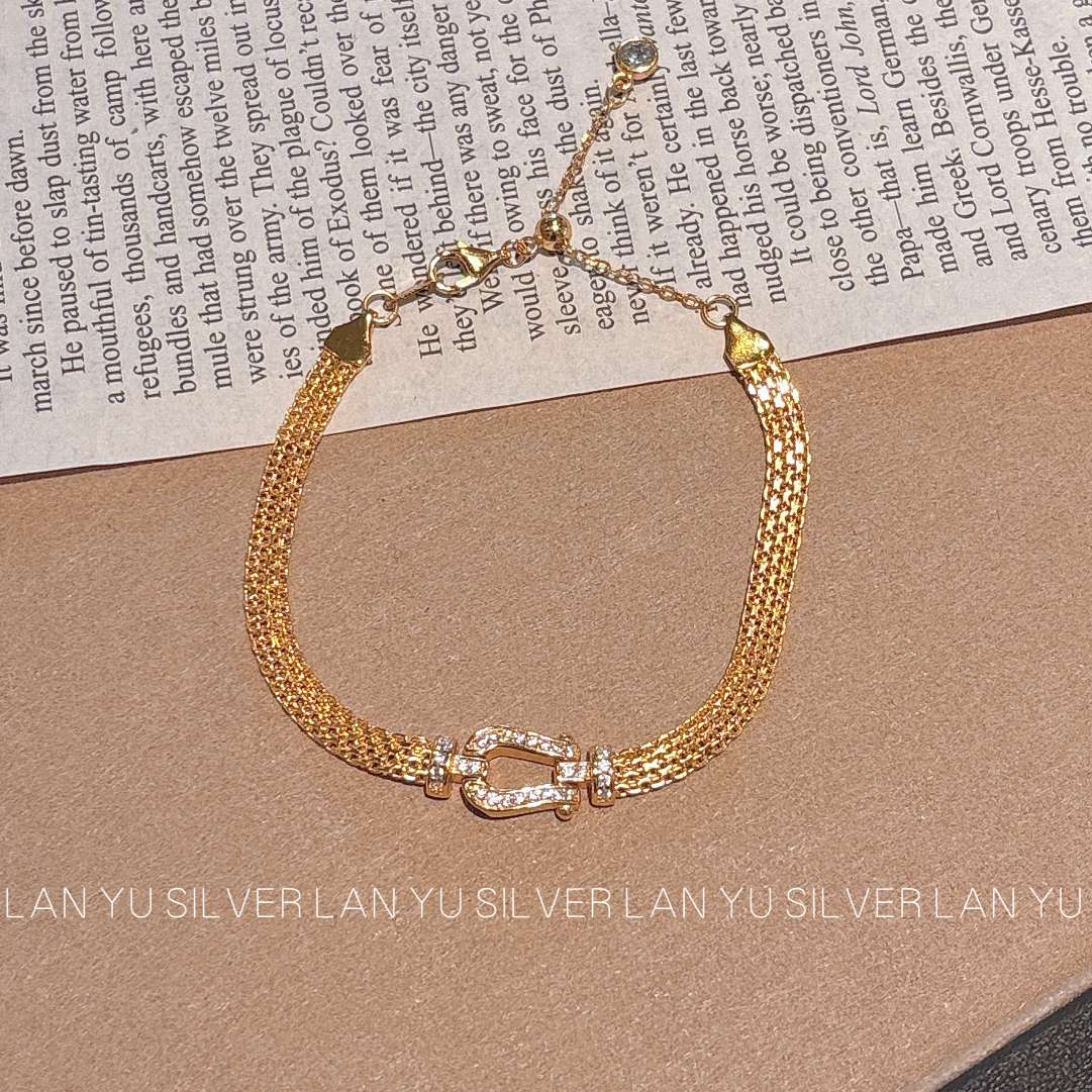 S925通体纯银电镀真金马蹄扣手链手串女士手饰锆石手链时尚手饰品女款手链装饰品