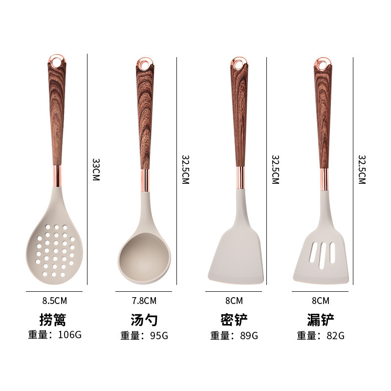 新款硅胶厨具10件套装木纹柄镀金柄不粘锅铲汤勺厨房烹饪工具家用 详情图2