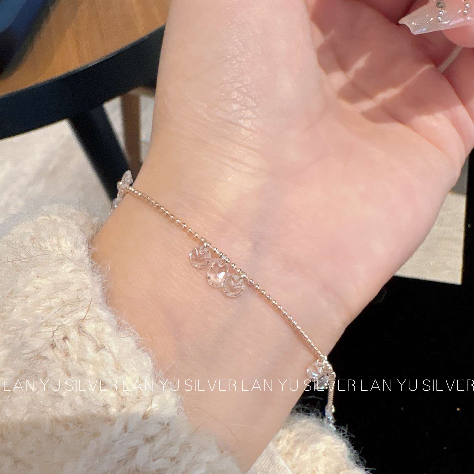 S925通体纯银 简约水锆石手链女时尚手链饰品礼物