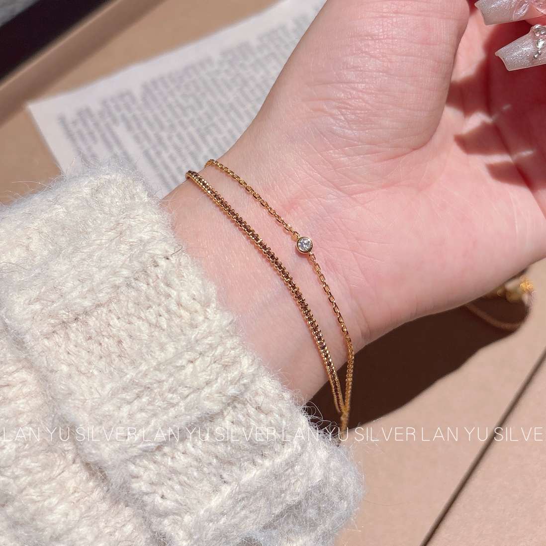 S925通体纯银电镀真金双层手链 手饰锆石时尚手链饰品潮流配饰细节图