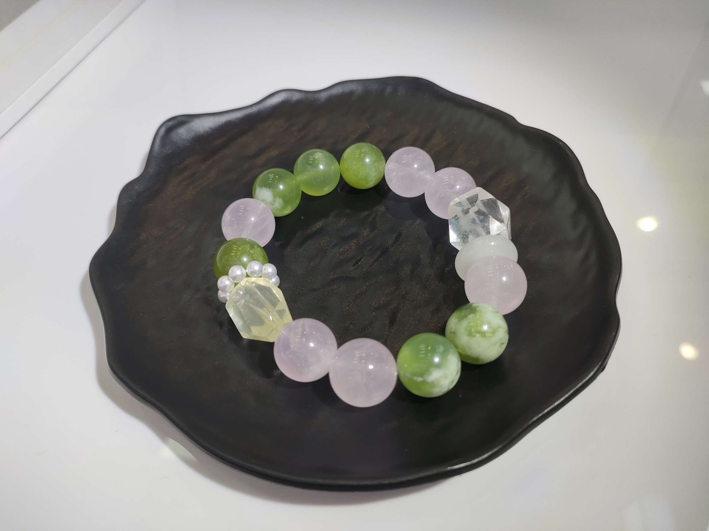 岫玉马粉贝珠跑环黄水晶随形白水晶随形天然水晶19mm