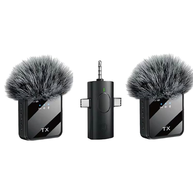 Lapel High Quality 2 in 1 Wireless Dual Lavalier USB Microphone Plug and Play iphone Color Android (type C) Professionnel 3.5mm F11-2 full figure