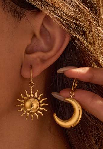 法式复古钛钢耳环高级感18k金不锈钢几何月亮太阳耳环耳饰品批发INS风耳钉耳饰