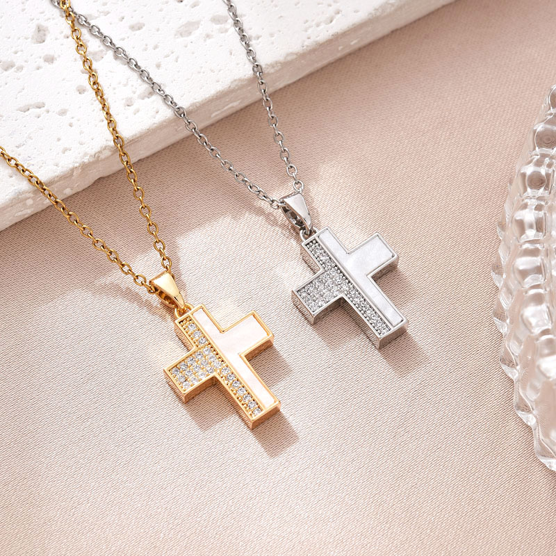 欧美跨境外贸新款铜镀真金十字架项链饰品简约时尚东南亚潮流百搭镶锆石