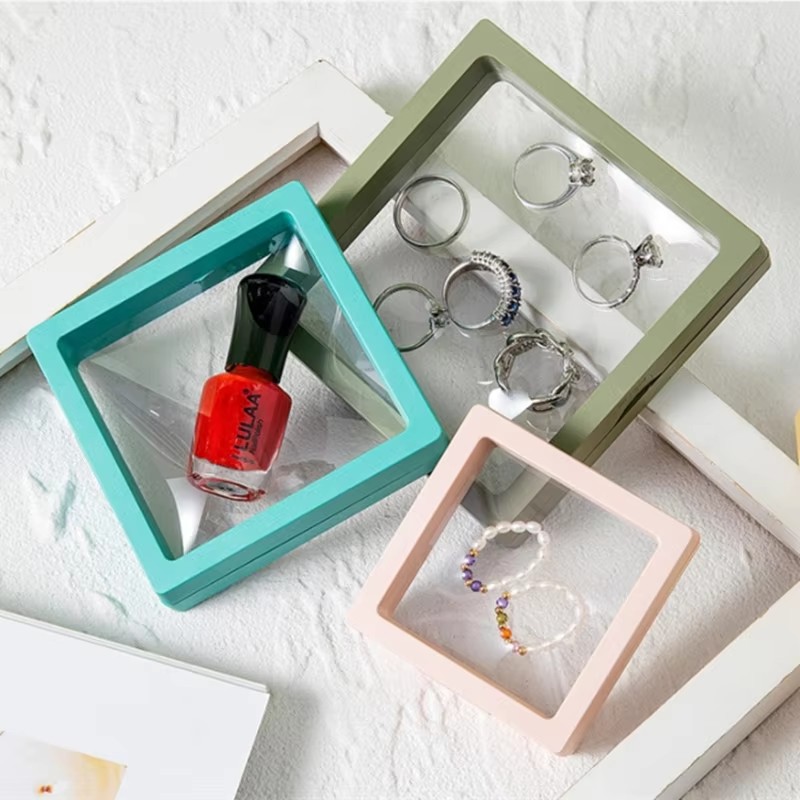 塑料悬挂宝石盒防尘浮动框架3D悬挂亚克力珠宝展示盒首饰盒