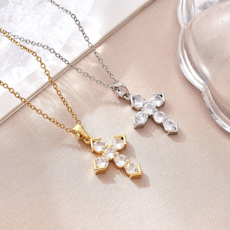 欧美跨境希音新款铜镀真金十字架项链饰品简约吊坠东南亚潮流百搭镶锆石详情1