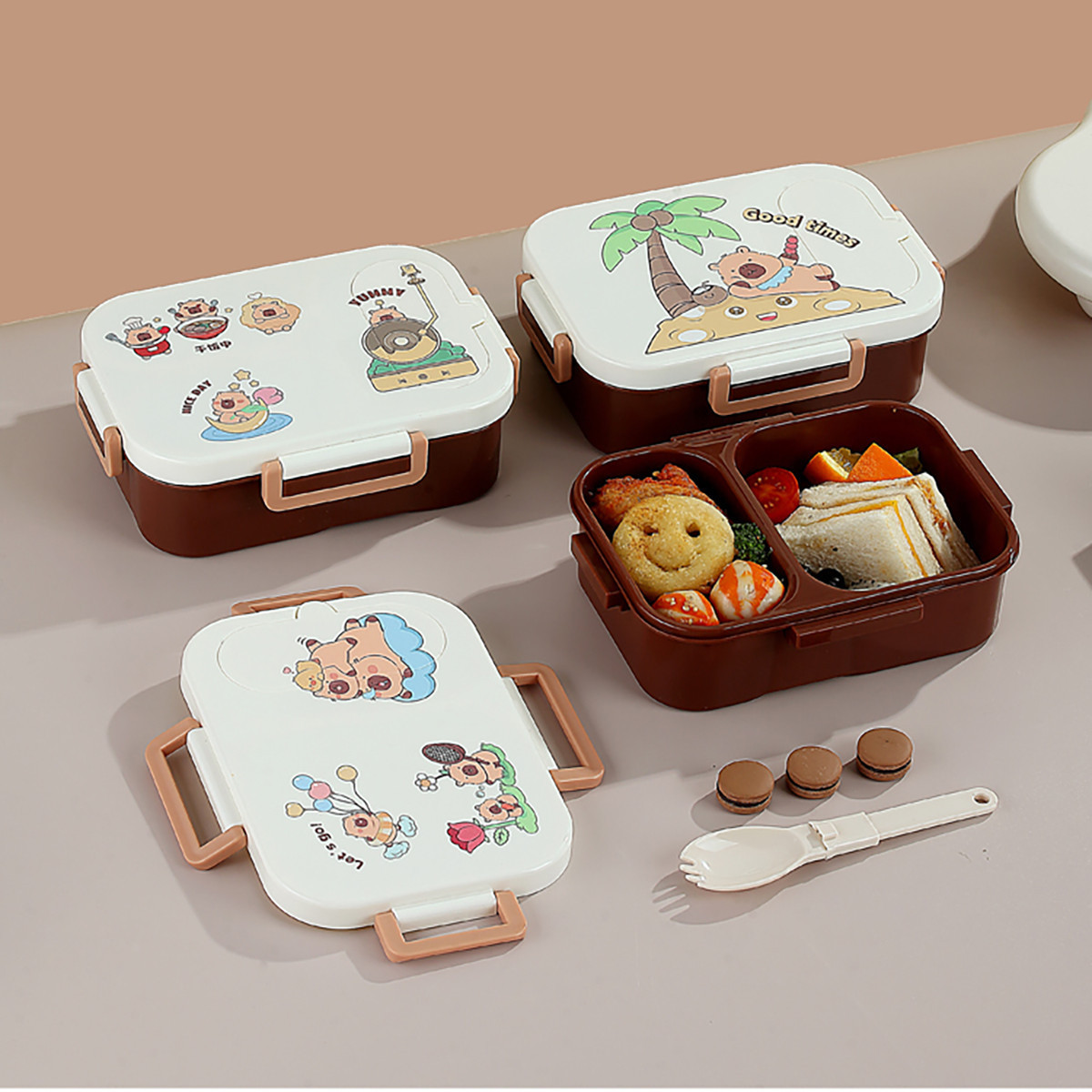 Cross-border large-capacity plastic lunch box, UV independent sealing, cardboard family student compartments lunch box with folding soup spoon lunch box