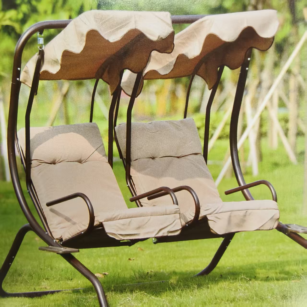 Outdoor leisure furniture: metal tables, chairs, rattan sofas, swings, sun umbrellas, outdoor tents details Picture