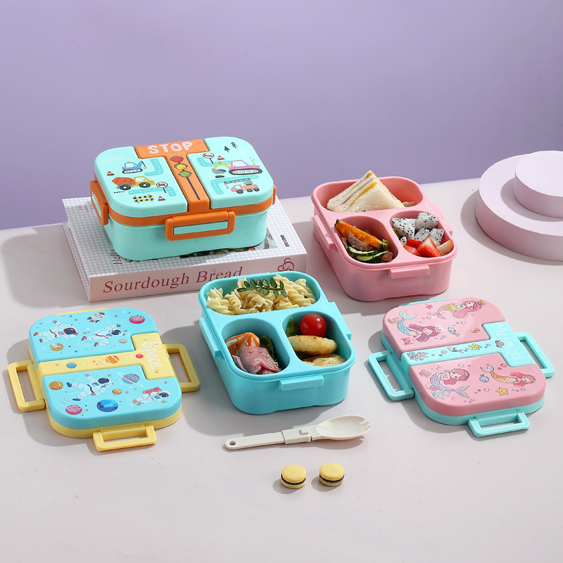 Children's fun plastic lunch box, independent compartments, sealed picnic box, microwave oven-heated student lunch box, with folding spoon lunch box Application Scenario