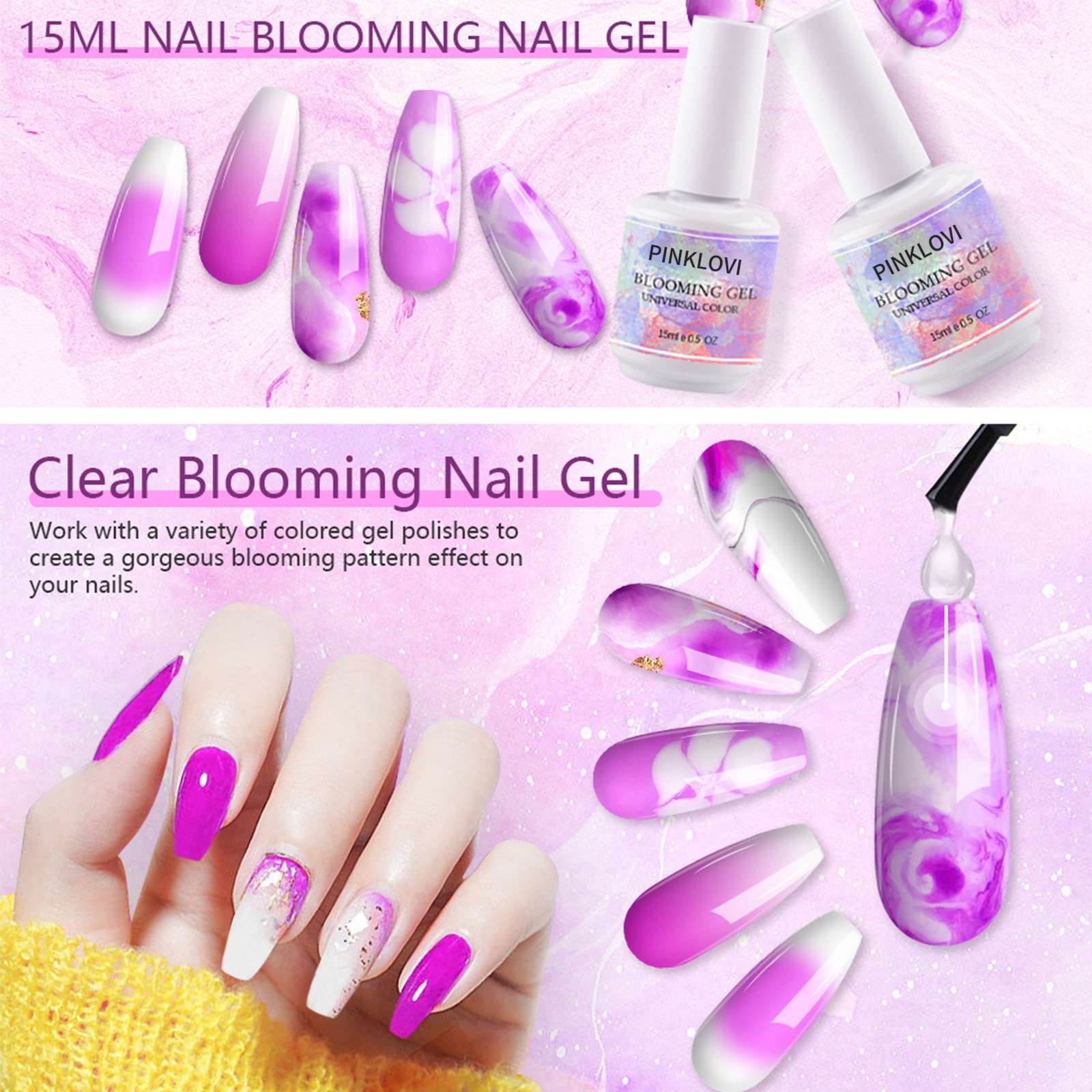15ml nail polish gel, a transparent color rendering gel, pairs well with any base color to create a gradient blush and marble texture style Gelpolish Specification image