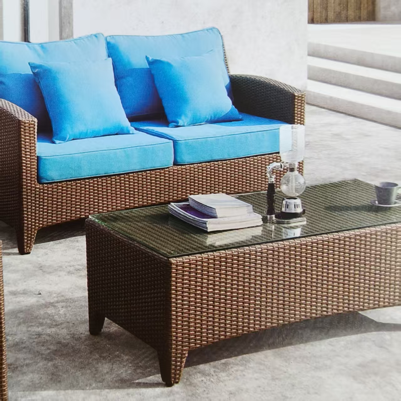 Outdoor leisure furniture: metal tables, chairs, rattan sofas, swings, sun umbrellas, outdoor tents