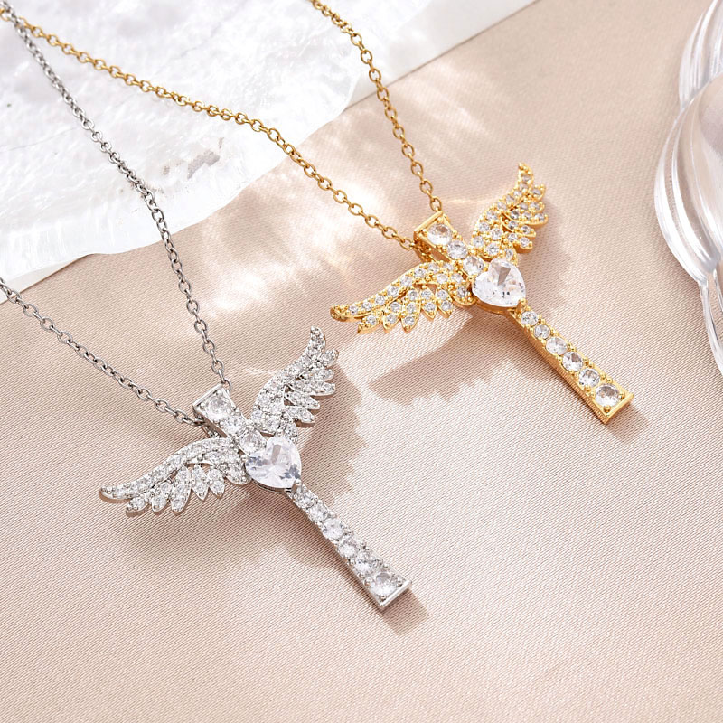 欧美吊坠爆款铜镀真金十字架项链天使之翼简约吊坠东南亚潮流百搭镶锆石详情1