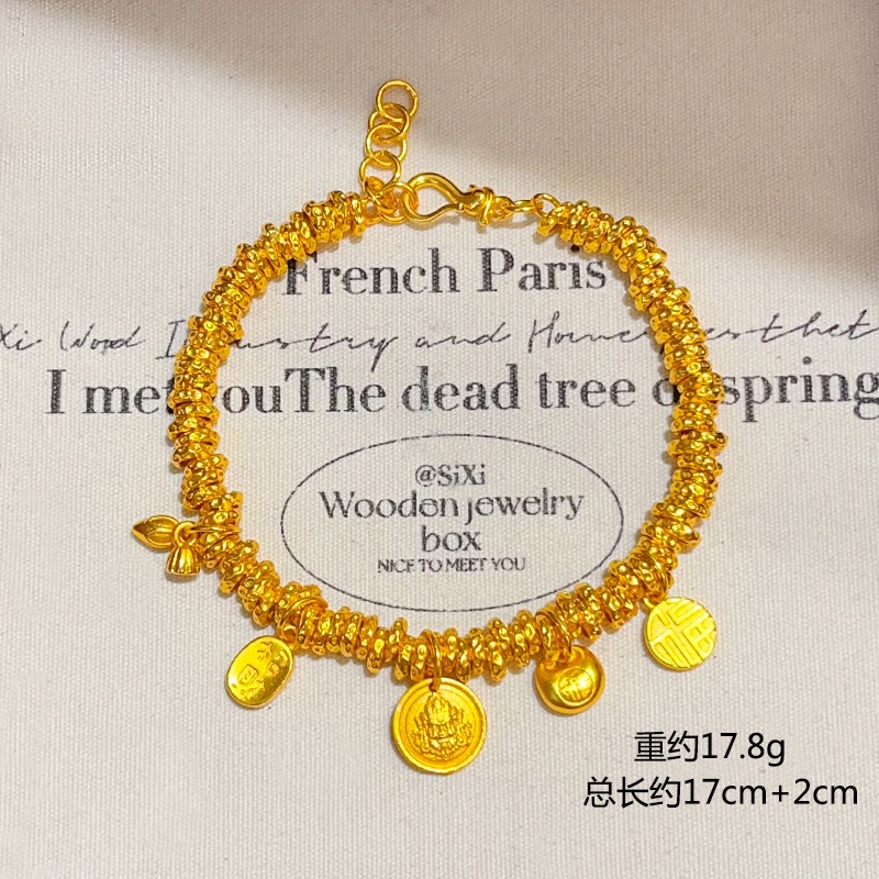 New Chinese-style traditional Chinese style sand gold fat Fortune Yellow Wealth God Two Lives of Happiness coiled bracelet, "Fu" character golden Tuotuo bracelet, female gift sand gold copper Specification image