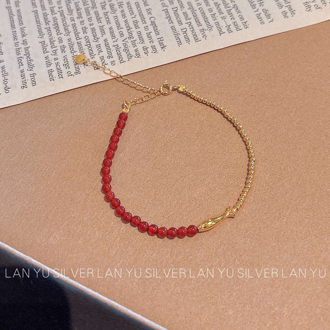 S925通体纯银电镀真金 红玛瑙小金鱼手链女款时尚手饰手链饰品潮流百搭