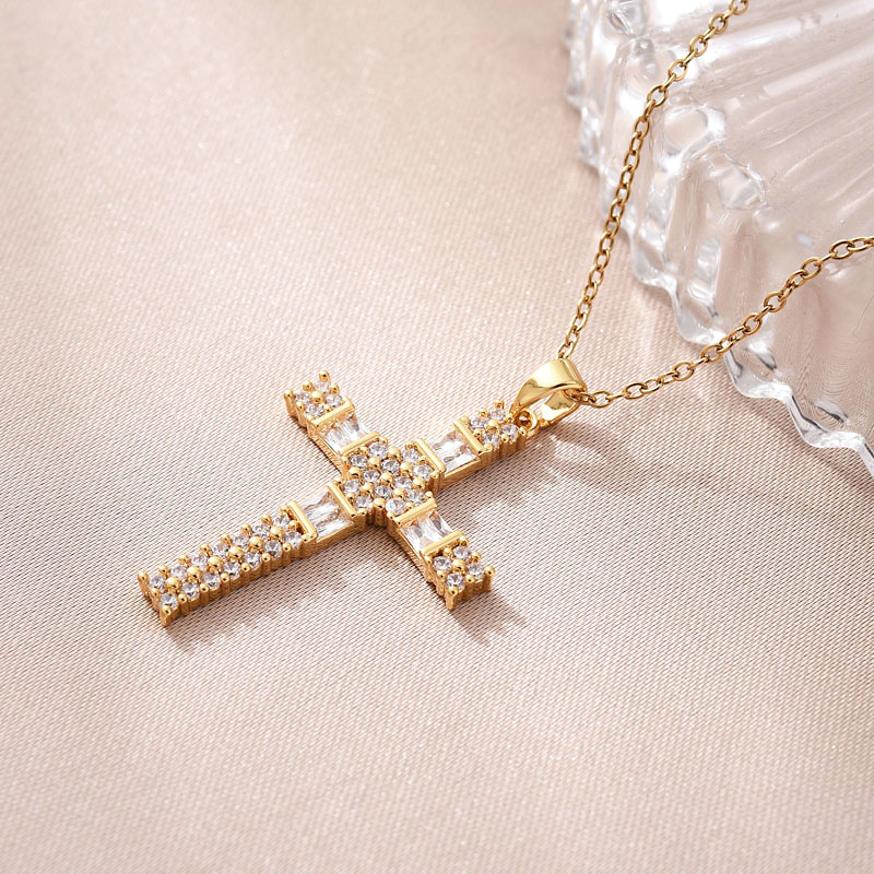 This is a new type of cross-border pendant from Europe and America, featuring a copper-plated real gold cross necklace. It is a simple and versatile Southeast Asian trend jewelry set with zircon Specification image