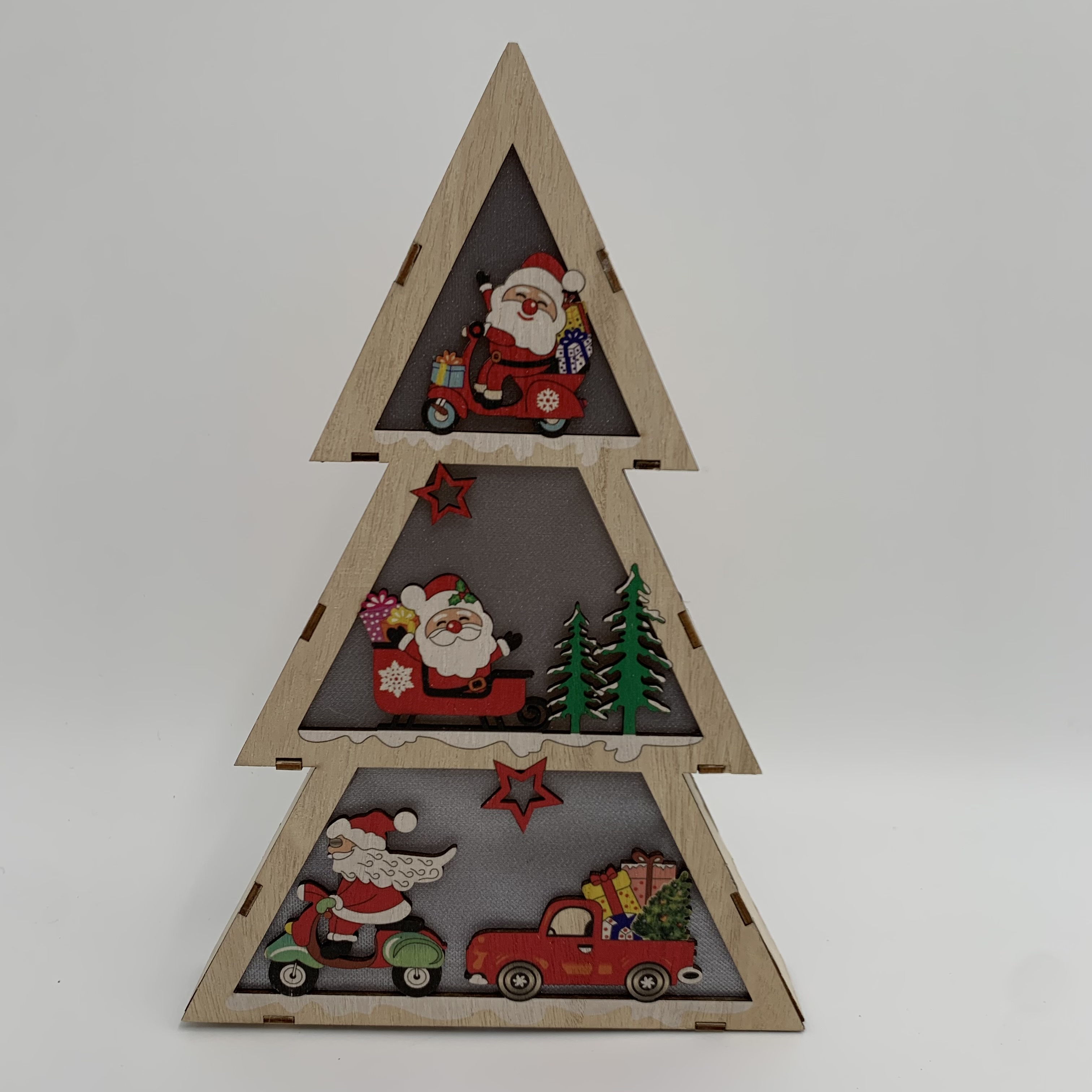 Christmas decorative items with lights, Christmas tree shapes, Santa Claus and snowman
