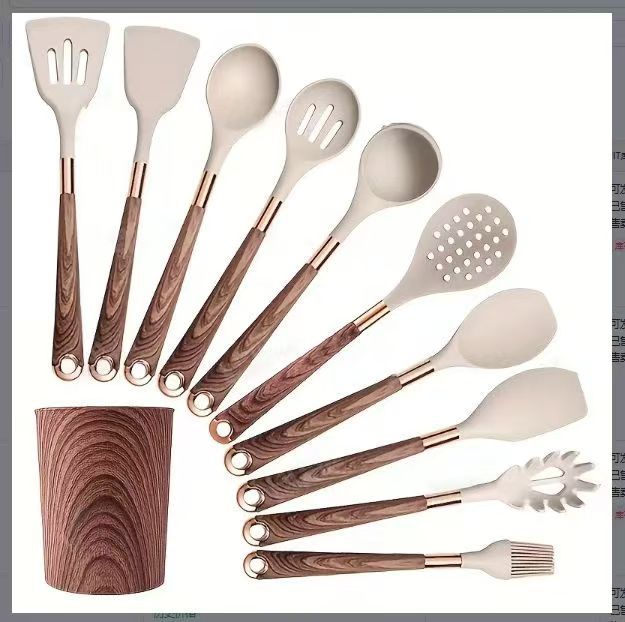 新款硅胶厨具10件套装木纹柄镀金柄不粘锅铲汤勺厨房烹饪工具家用 细节图