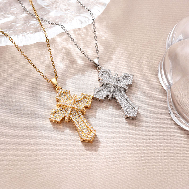 New cross-border products from Europe and America, copper-plated real gold cross necklace, simple pendant, Southeast Asian trend, versatile, set with zircon