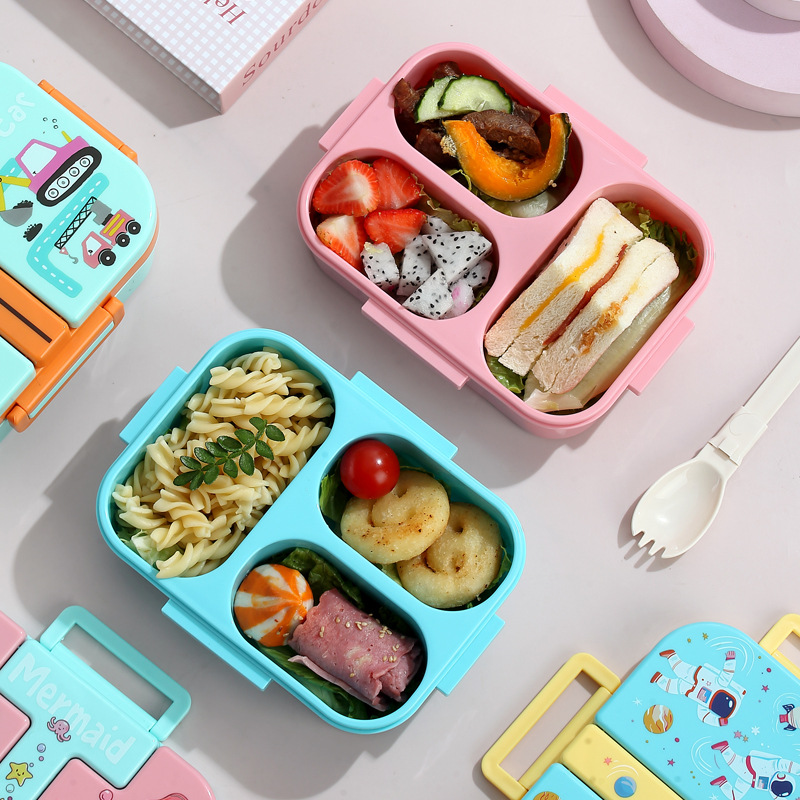 Children's fun plastic lunch box, independent compartments, sealed picnic box, microwave oven-heated student lunch box, with folding spoon lunch box details Picture