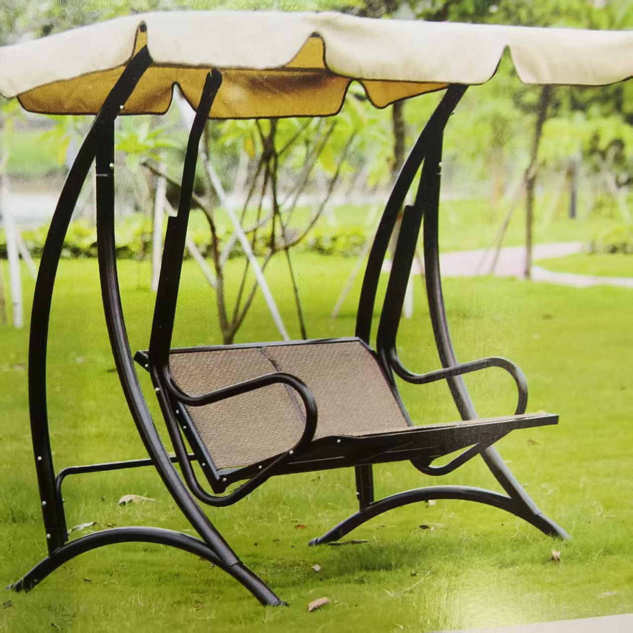 Outdoor leisure furniture: metal tables, chairs, rattan sofas, swings, sun umbrellas, outdoor tents