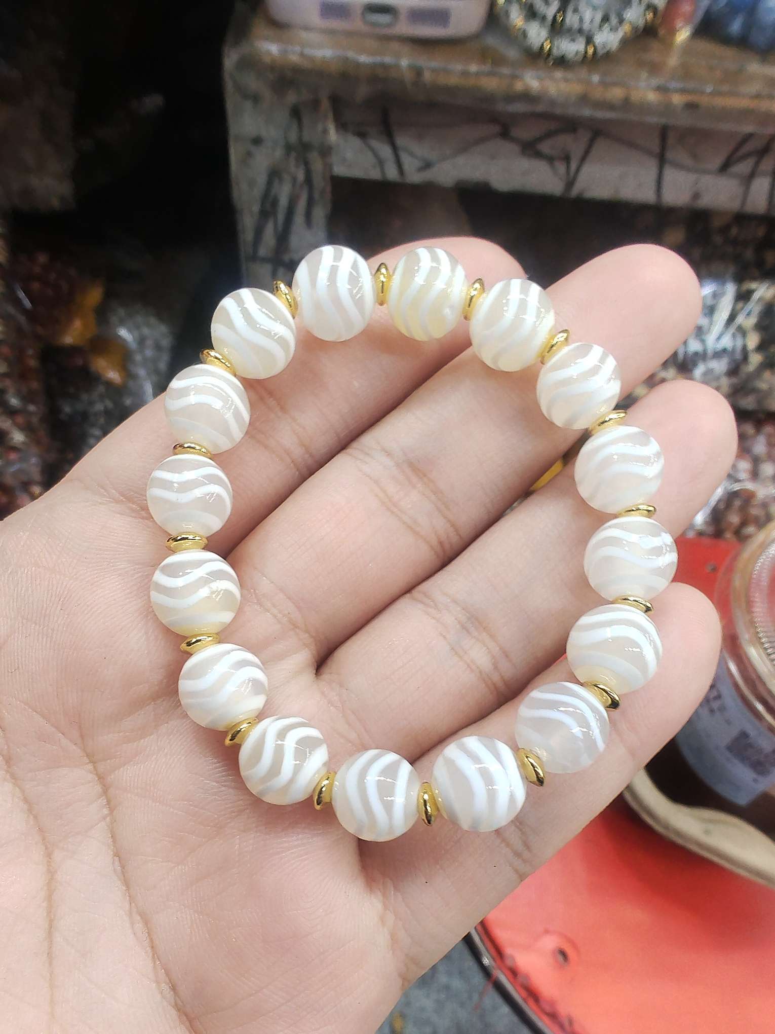 玛瑙天珠手链 雪域白 双水纹 双水线天珠手链