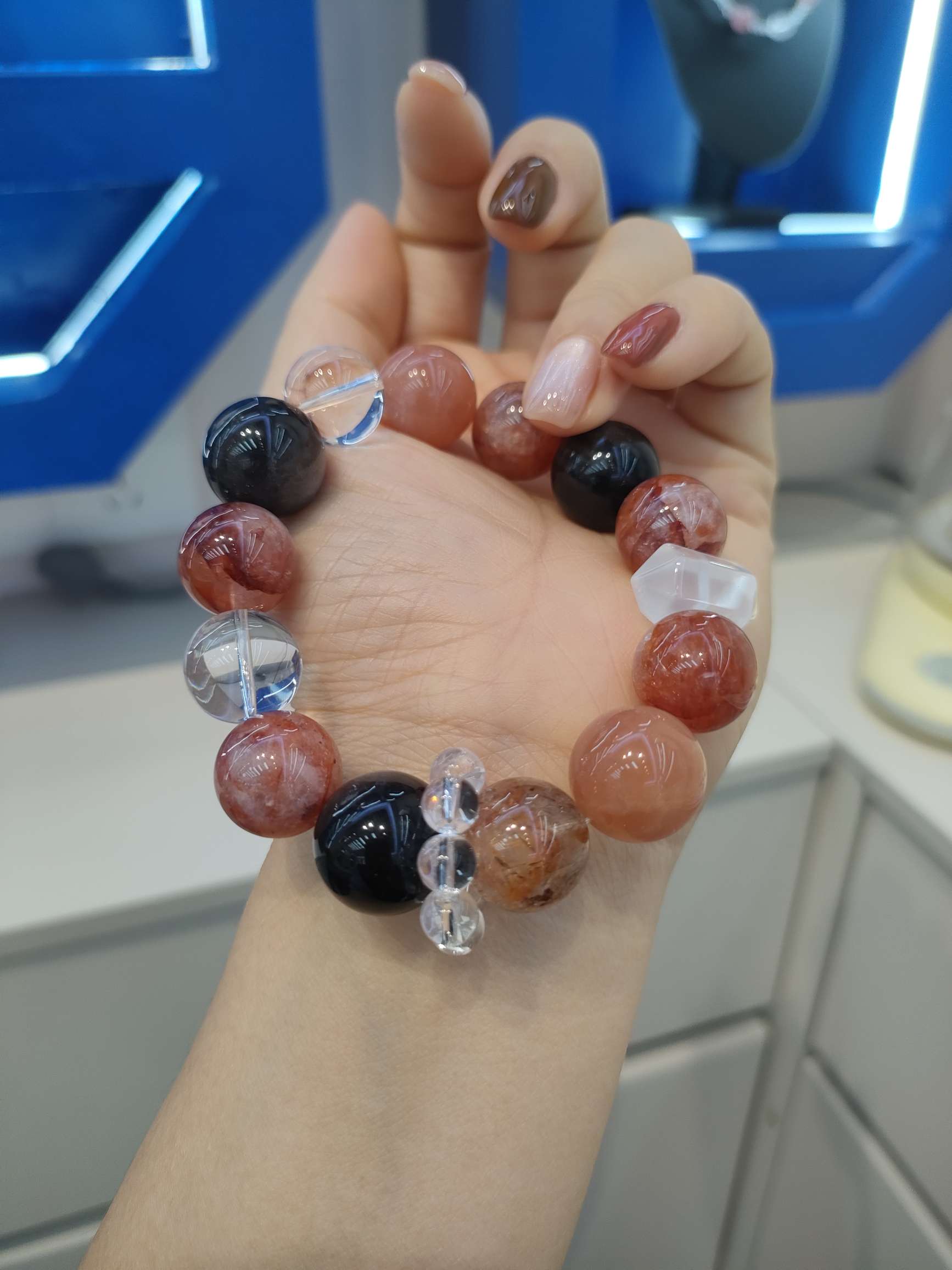 红胶花银曜石白水晶橙月光黑金超七奶白晶双尖天然水晶20mm细节图