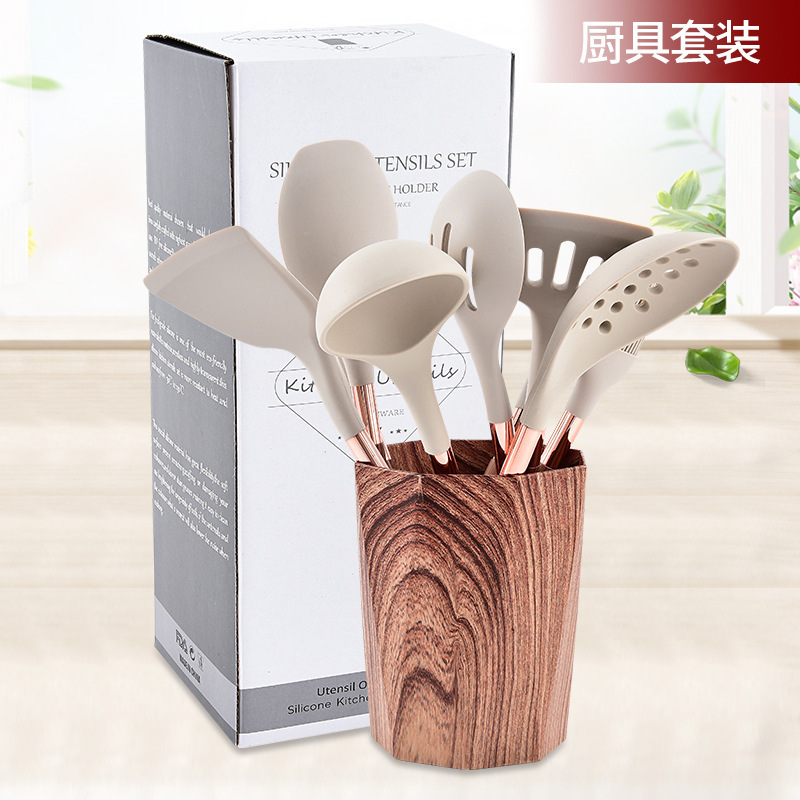 新款硅胶厨具10件套装木纹柄镀金柄不粘锅铲汤勺厨房烹饪工具家用 产品图