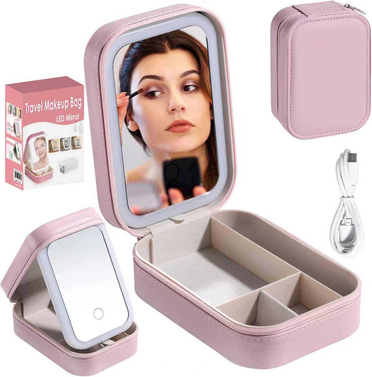 led灯化妆包带镜子精致首饰分区收纳包随身便携奶油风简单化妆盒