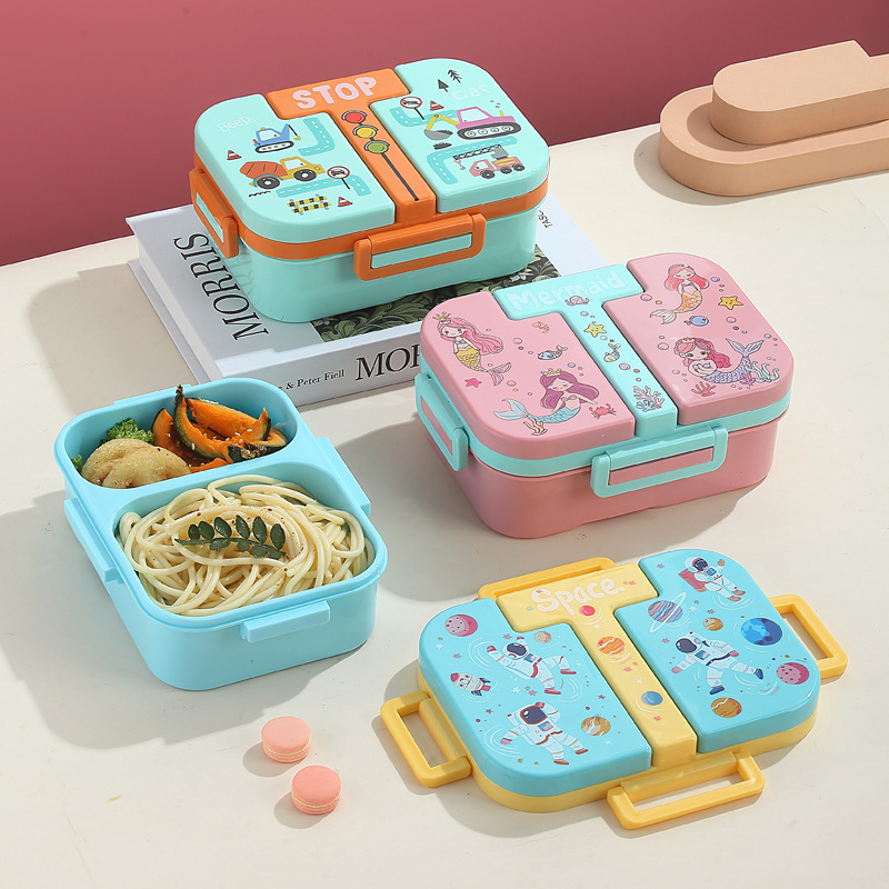 Children's fun plastic lunch box, independent compartments, sealed picnic box, microwave oven-heated student lunch box, with folding spoon lunch box Item Picture