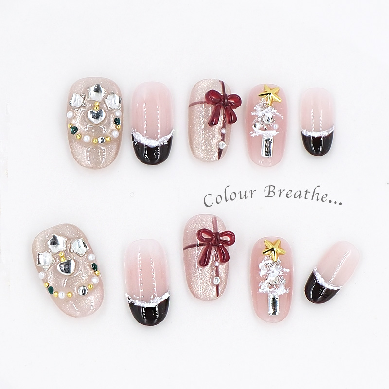 Colorful Breathing Wearable Nails [Gift] Christmas style European and American export cartoon Christmas tree artificial nails Detachable pure handcrafted almond style nail patches Specification image