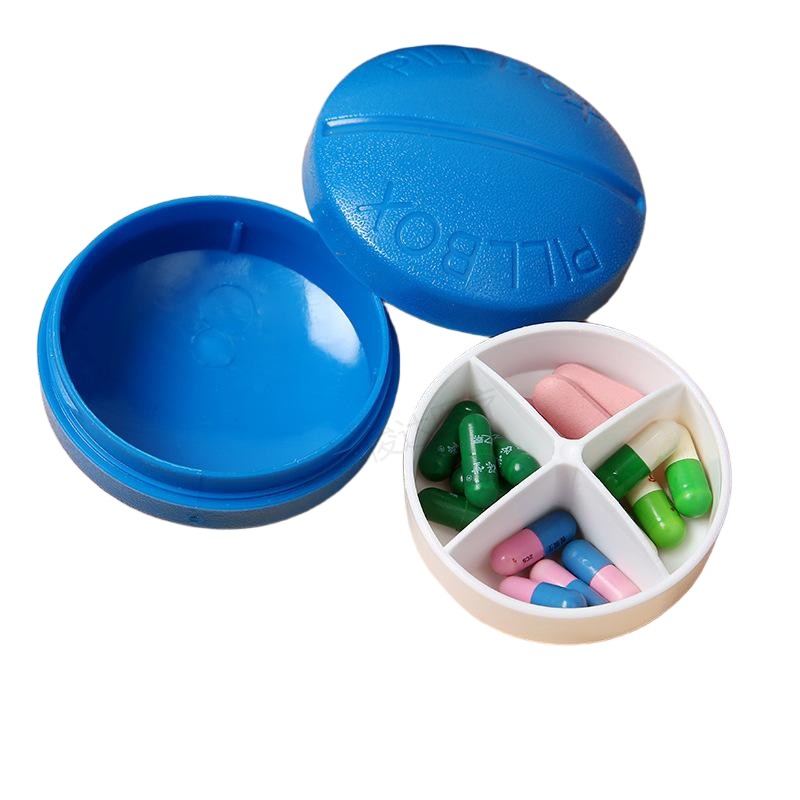 Round 4-Compartment Mini Medicine Box, Portable 4-Compartment Medicine Box, One-Week Travel Pill Storage Box, Multi-Color Storage Medicine Box Specification drawing