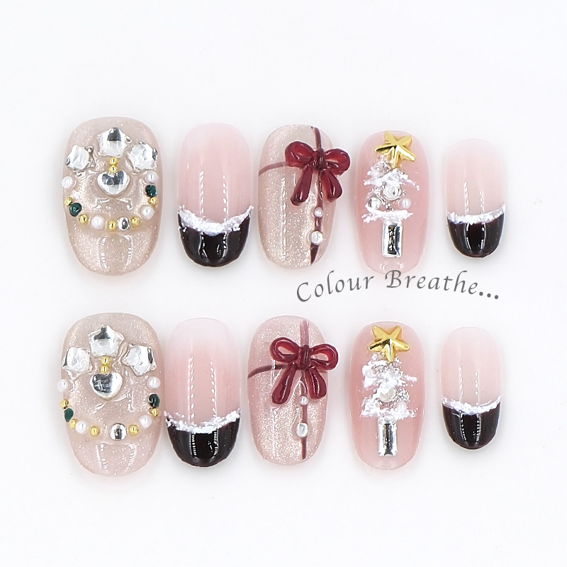 Colorful Breathing Wearable Nails [Gift] Christmas style European and American export cartoon Christmas tree artificial nails Detachable pure handcrafted almond style nail patches details Picture