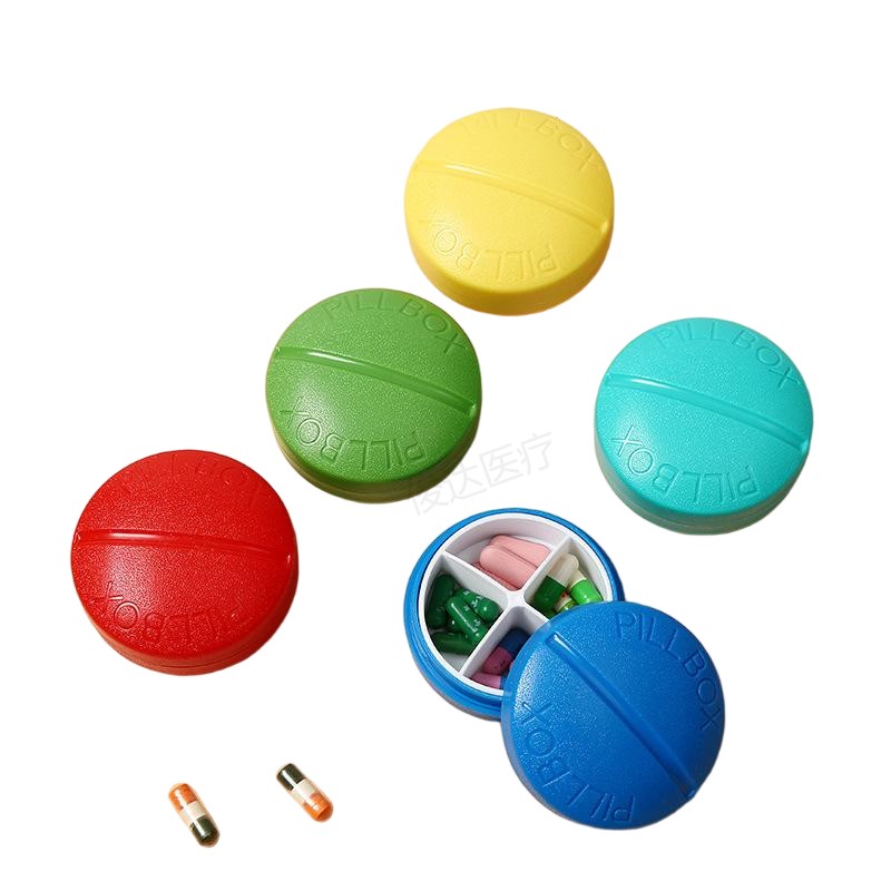 Round 4-Compartment Mini Medicine Box, Portable 4-Compartment Medicine Box, One-Week Travel Pill Storage Box, Multi-Color Storage Medicine Box