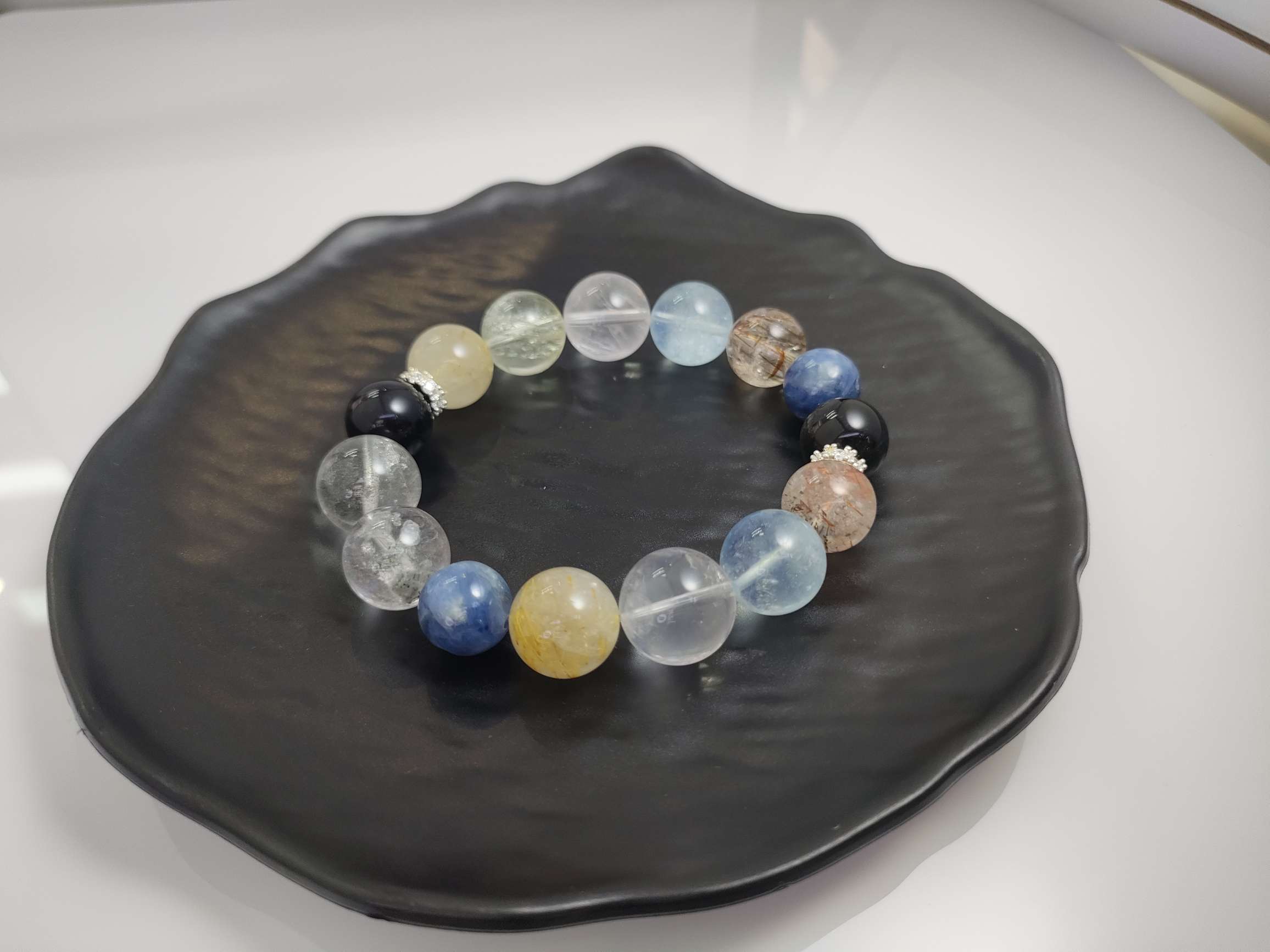 海蓝宝+奶白晶+黄塔晶+蓝晶石+碧玺绿发晶+金运石+黄水晶+金发晶+黑金超七18mm详情图3