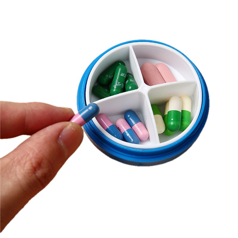 Round 4-Compartment Mini Medicine Box, Portable 4-Compartment Medicine Box, One-Week Travel Pill Storage Box, Multi-Color Storage Medicine Box Application Scenario
