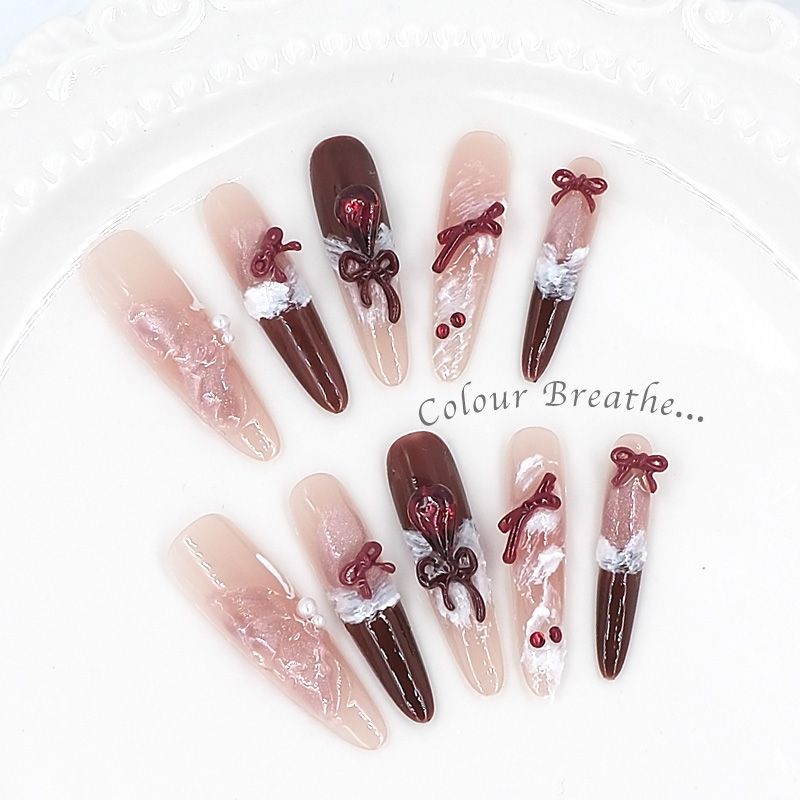 彩呼吸穿戴甲 圣诞主题蝴蝶结法式长尖美甲节日氛围纯手工穿戴甲批发