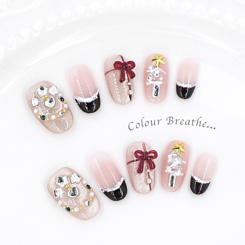 Colorful Breathing Wearable Nails [Gift] Christmas style European and American export cartoon Christmas tree artificial nails Detachable pure handcrafted almond style nail patches