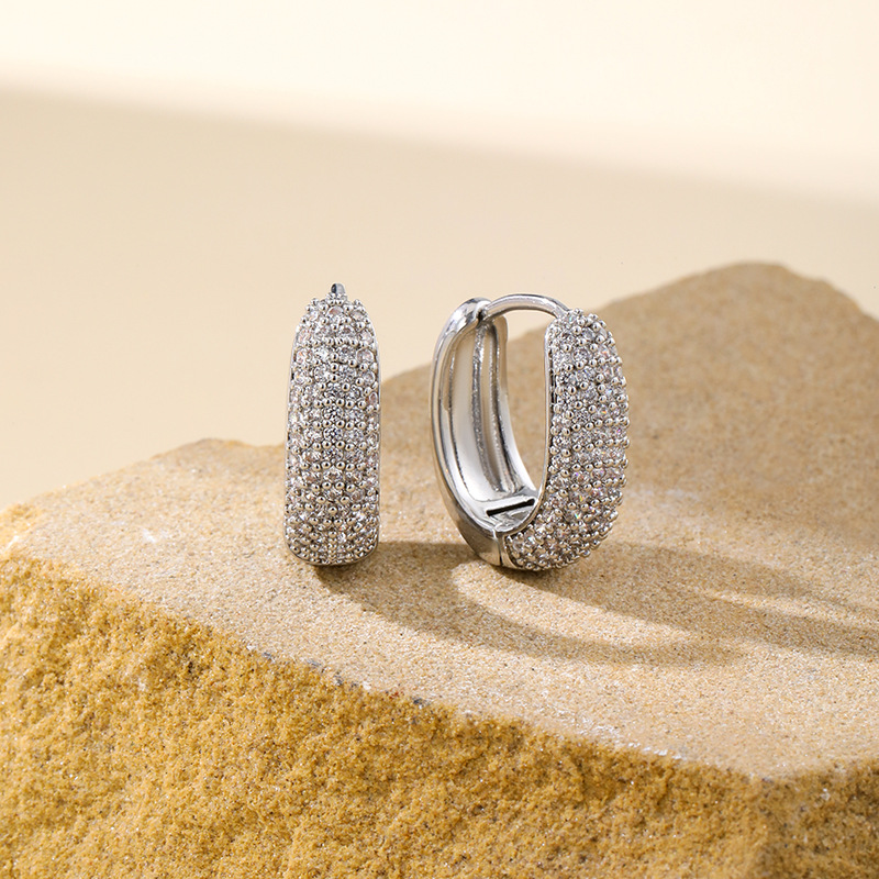 跨境欧美超闪满钻方形耳扣高级耳钉铜镶锆石镀真金耳环925银耳饰