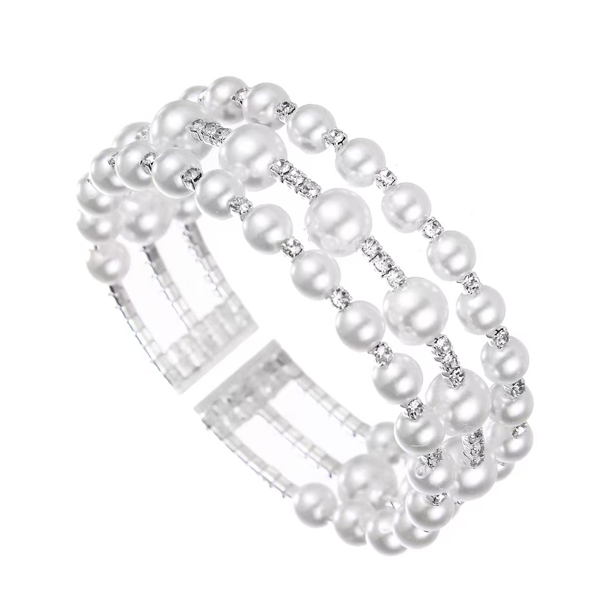 Korean-style fashionable steel wire elastic 3-row bracelet, bride's wedding water diamond pearl open bracelet, cross-border European and American elegant jewelry details Picture
