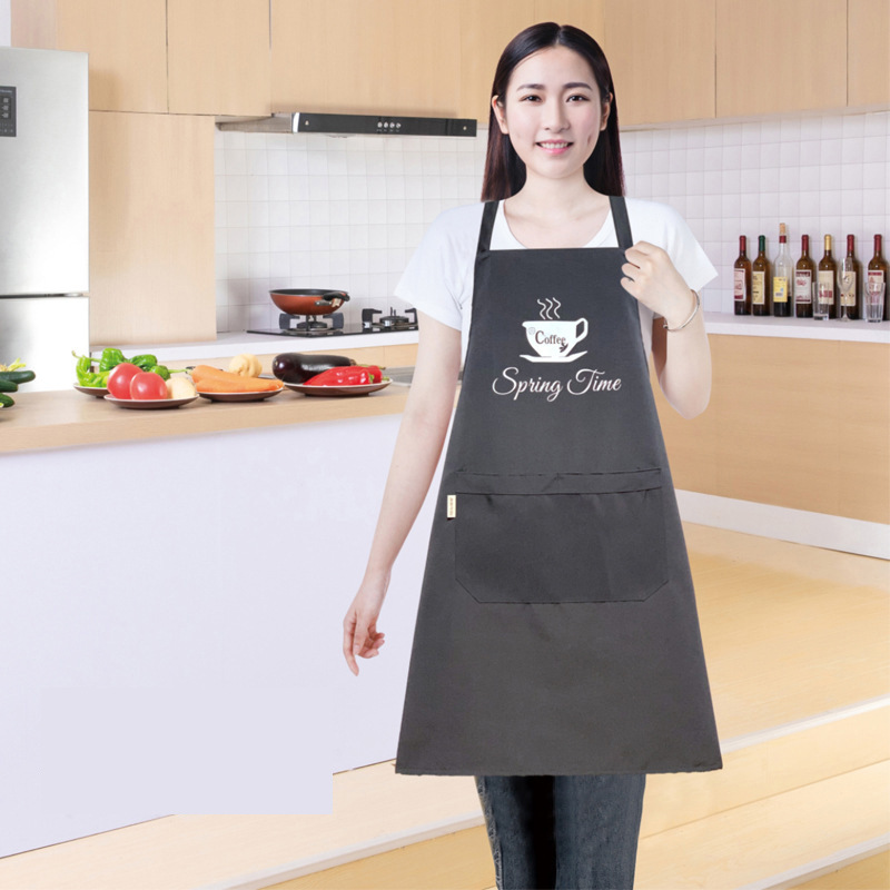 Canvas embroidered coffee cup, shoulder strap apron, waterproof and oil-resistant, simple catering work clothes, household waterproof apron, dirt-resistant baking apron, cover Specification image