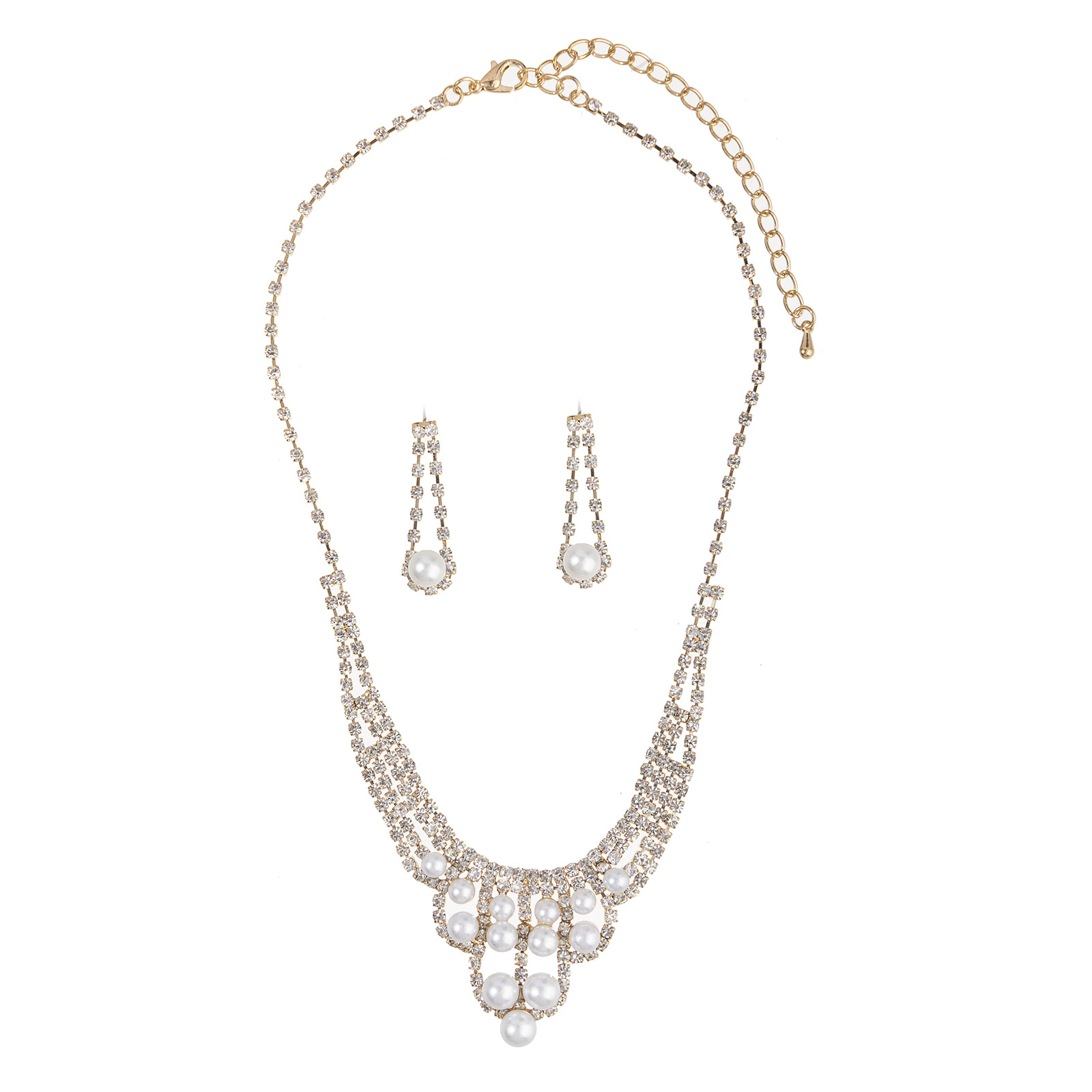 Cross-border supply, wedding banquet, elegant pearl and rhinestone necklace, earrings, three-dimensional hollowed-out design jewelry set, chain set